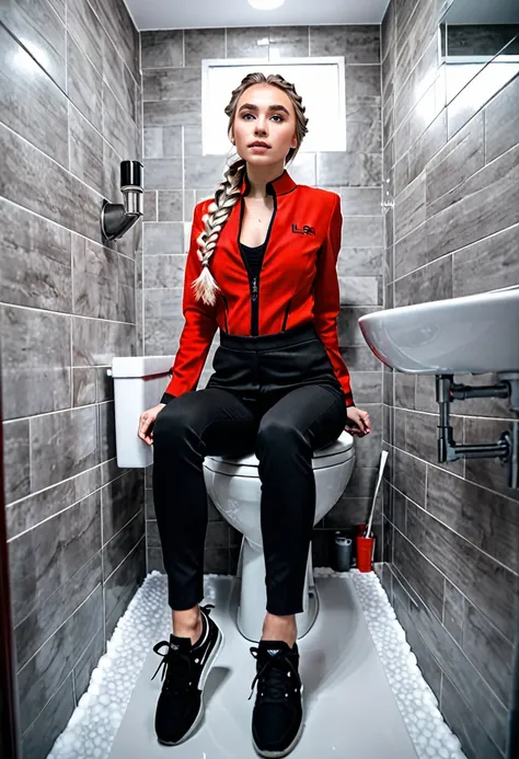 best quality, extendedly detail raw perfect photoshoot unreal beauty young woman. Ideal body , beautiful elsa, red s3sttngsuit uniform, black color pants, sneakers, long braided hairstyle, bathroom interior:1.2, sitting pose, shot from below, toilet, magic...