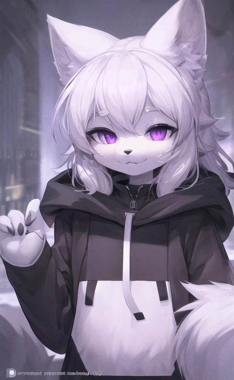 furry, white fur, ultra cute face, purple and black  elements on fur, white oversized hoodie, beautiful lights and shadows, ambient light, ultra detailed fur, volumetric light