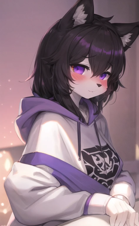 furry, white fur,cute face, blushing, purple and black  elements on fur, white oversized hoodie, beautiful lights and shadows, ambient light, ultra detailed fur, volumetric light