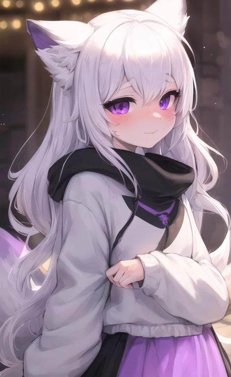 Fox girl, white hair, Left eye purple, right eye white, purple mark on the left face side, cute face, blushing, purple and black  elements on hair, white oversized hoodie, beautiful lights and shadows, ambient light, ultra detailed hair, volumetric light