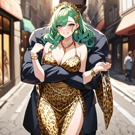 ((highest quality)), ((masterpiece)), (detailed), （Perfect Face）、The woman is Lydia, a blue-eyed girl with long, lightly wavy, asymmetrical green hair and a gold hair accessory, a gorgeous headdress chain, a gorgeous necklace, gorgeous earrings, gorgeous b...