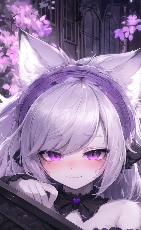 Fox girl, white hair, Left eye purple, right eye white, purple mark on the left face side, cute face, blushing, purple and black  elements on hair,in pleasure , beautiful lights and shadows, ambient light, ultra detailed hair, volumetric light, *Hentai*