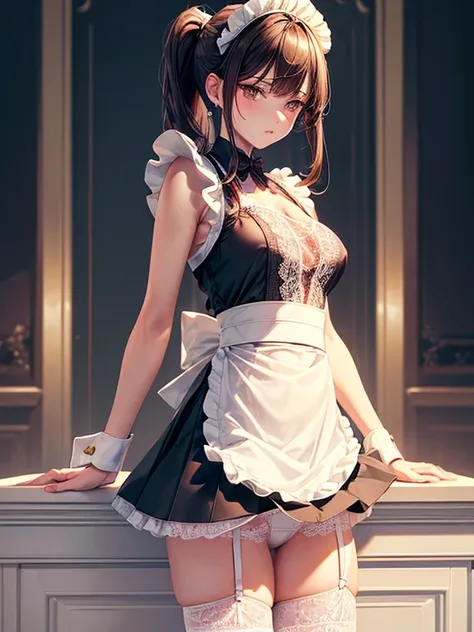 (adult woman:1.3)、exact number of fingers、Exact number of legs、Exact number of arms、bangs, Ribbon ponytail, brown hair, (blush:1), (He is looking back with his hands on the desk:1), (doggeystyle:1.1), ((stylish maid clothes:1.4)), ((Stylish underwear with ...