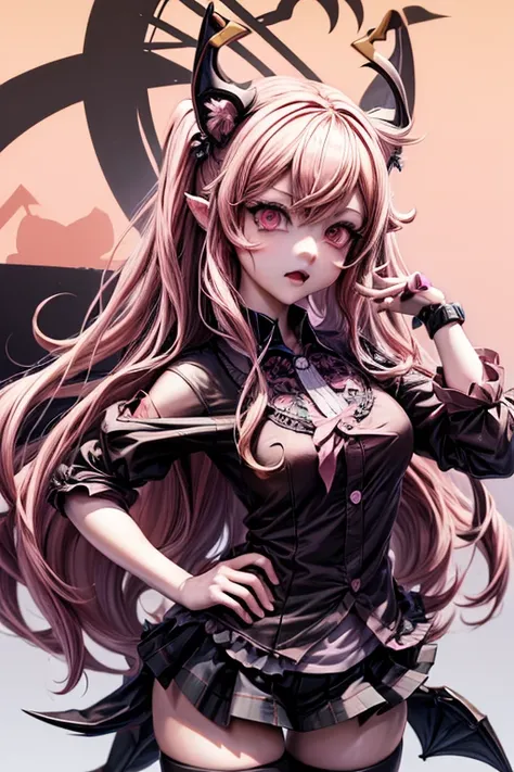 a cute and adorable anime catgirl with horns wearing a pink shirt, full body, angry and scary demon girl pose, anime monster girl, Junko Enoshima from Danganronpa style, humanoid mosquito wolf, cel-shaded art style, high quality, intricate details, photore...