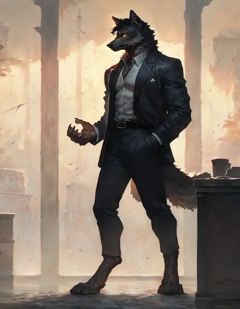 (solo), male anthro wolf, solo, masterpiece, best art, detailed hands, detailed eyes, night, scars, anime newest artstyle, extreme detail, short black hair, dark body, yellow eyes, standing, muscular, athletic, thin, standing, office, badass, mafia outfit,...