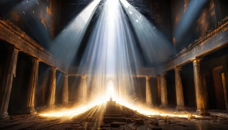 An image of the temple curtain being torn from top to bottom, with rays of light breaking through the darkness, representing the symbolic significance of Jesus sacrifice and the opening of access to God for all humanity.