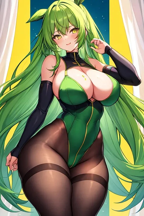 1girl, green hair, long hair, yellow eyes, light smile, glowing eyes, large breasts, thick thighs, athletic female, toned, leotard, black leotard, thighhighs, belt, knife, pantyhose, black pantyhose, ninja