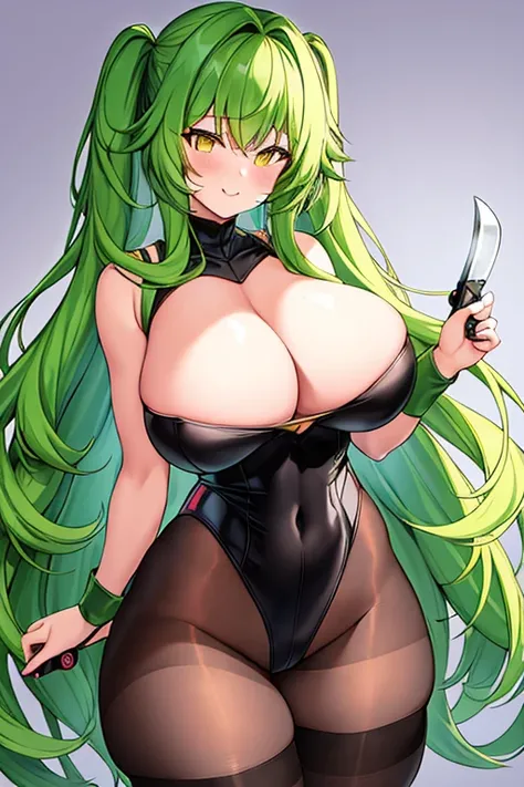 1girl, green hair, long hair, yellow eyes, light smile, glowing eyes, large breasts, thick thighs, athletic female, toned, leotard, black leotard, thighhighs, belt, knife, pantyhose, black pantyhose, ninja