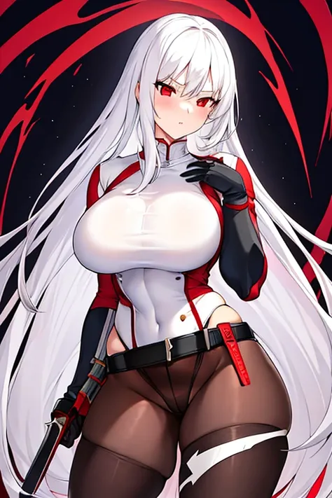 1girl, white hair, long hair, red eyes, serious, glowing eyes, large breasts, thick thighs, mature female, athletic  female, toned, leotard, black leotard, thighhighs, belt, knife, knifes, pantyhose, highleg leotard, highleg, red pantyhose