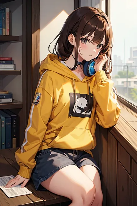 masterpiece, highest quality, High resolution，Anime Style、Brown Hair、Headphones on neck、Bukabuka hoodie、Shorts、