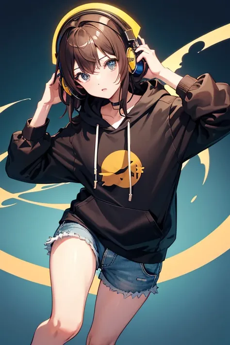 masterpiece, highest quality, High resolution，Anime Style、Brown Hair、Headphones on neck、Bukabuka hoodie、Shorts、