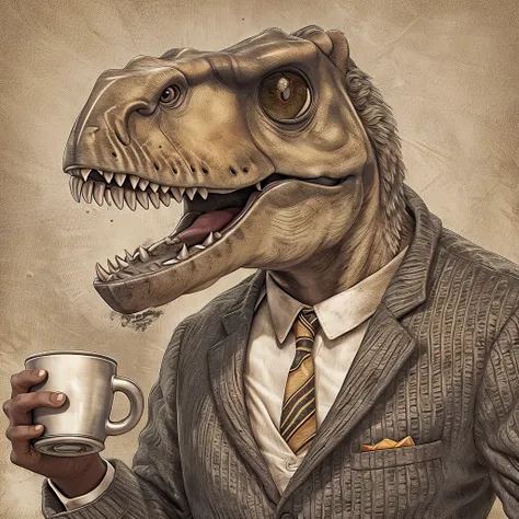 Face of a tyrannosaurus with human body in a suit and tie holding a cup of tea 