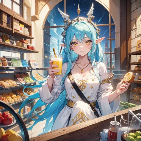 A sexy girl half elf wizard, White wizard robe, wizard hat, yellow eyes, bright blue hair colour, vegetable in hand, Bakery Shop background,8k, masterpiece, best quality, highly detailed, one girl, half-elf, solo, long straight hair, wearing necklace, gorg...