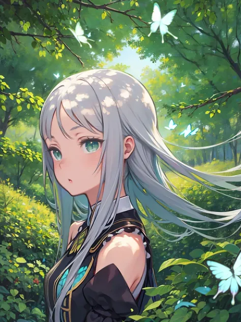 masterpiece, highest quality, One girl, Gray Hair, Green Eyes, look up, Floating Hair, butterfly, From the side, wing, nature,、森の中のbutterflyの羽を持つアニメの女の子