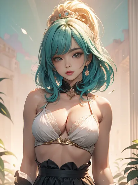 full body photo, 1woman, sexy slut, slutty thick curvy body, small breast, royal outfit, long bulma hair, pastel color scheme