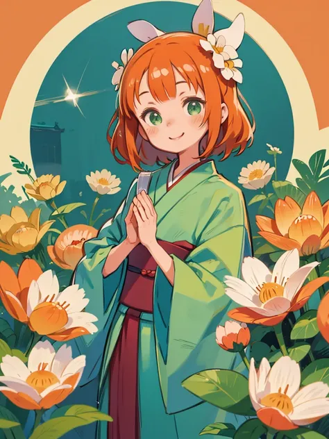 One girl, kimono, hair ornaments, flower, hair flower, alone, kimono, Green Eyes, wood, smile, with own hands, Orange Hair, View Viewer, shrine, blush, pray, Shine, flower柄プリント, Wide sleeves、woodの横に立つkimono姿の女性