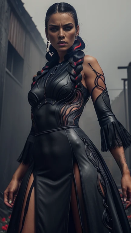 4k realistic ultra detailed photography of an athletic demonic woman, demonic woman wearing a maxi leather dress, hairstyle is a...