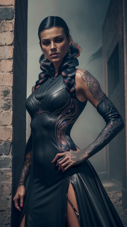 4k realistic ultra detailed photography of an athletic demonic woman, demonic woman wearing a maxi leather dress, hairstyle is a...