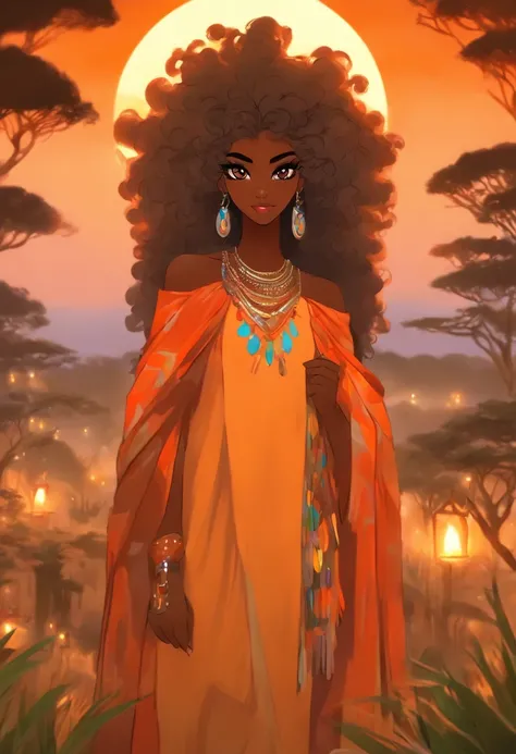 Woman, African appearance, dark skin, curly hair, wide flat nose, thick lips, big brown eyes, dressed in African clothes, Decorations, in the Avrikan savannah, with beautiful views of Africa around her, unearthly beauty, Galadriel, beautiful painting in fa...