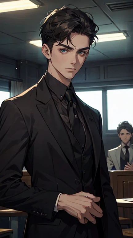 ((One young man with a black suit and tie)), alejandro, (((one side swept dark short neat hair))), ( green eyes and thick eyebrows), ((20 years old)), ((masterpiece)), ((cinematic lighting)), relax look and smirk, waiting for someone