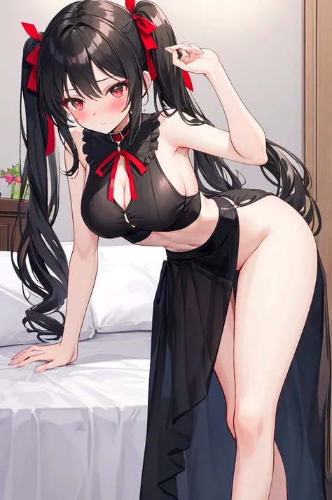 A woman with big ，Black long hair，twintails，Exquisite，(((transparent)))，Red ribbon，sleeveless，Loose collar，Protruding lower chest，Slim waist，pubic，blush，bedroom，