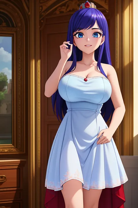 (8k, RAW photo, best quality, masterpiece:1.2), (intricate details), perfect eyes, perfect face, perfect lighting, beautiful, (masterpiece:1.2), (best quality:1.2), 1girl, solo, marinette, blue hair, (( loosen hair)), adult torso, 19 years old, slight smil...