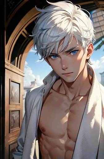 (absurderes, A high resolution, Ultra detailed, hdr), Masterpiece, Best quality, A boy, 10 me, Solo, Handsome, Short hair,pointy hair, White hair, eBlue eyes, finely eye and detailed face, Real Shadow, Topless, A white towel is wrapped around the waist