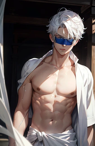 (absurderes, A high resolution, Ultra detailed, hdr), Masterpiece, Best quality, A boy, 10 me, Solo, Handsome, Short hair,pointy hair, White hair, eBlue eyes, finely eye and detailed face, Real Shadow, Topless, A white towel is wrapped around the waist