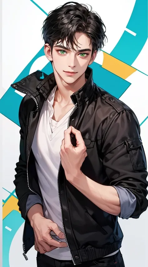 A very handsome white man with short black hair and green eyes is facing me in casual clothes (best quality ultra HD 8K, he is giving a slight smile. The image must show the entire body