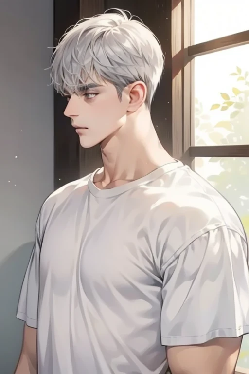 Gray Hair,Short Hair,Center parted hair,One Man,A slightly oversized white t-shirt,A little muscular,Tall,Allback hair,