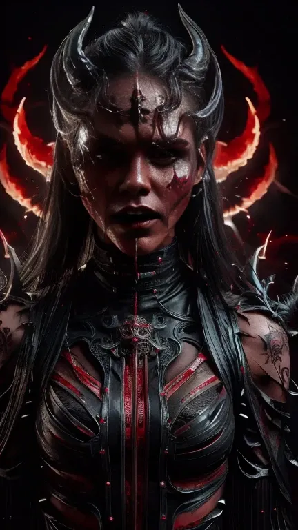 4k realistic ultra detailed photography of an athletic demonic woman, demonic woman wearing a maxi leather dress, hairstyle is a...