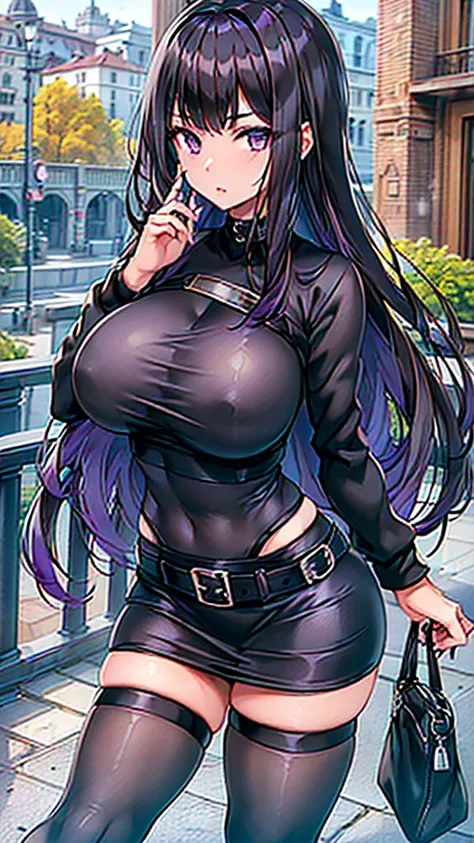 1990s, (masterpiece), high-definition, detailed face, cute girl, perfect body, (big tits: 1.4) big hips, round ass, (black hair with dark purple highlights: 1.4), (tight grey t-shirt: 1.4), (black jacket: 1.4), (purple tight skirt: 1.3), belt, (black thong...