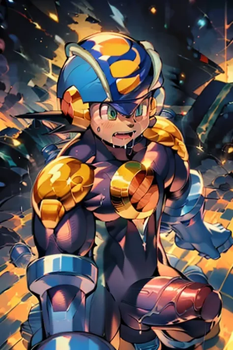 ((two people))，(rockman)，(very large muscles)，(very big penis)，armor，(black tentacles cling to me)，young boy，stop temporarily，ni...