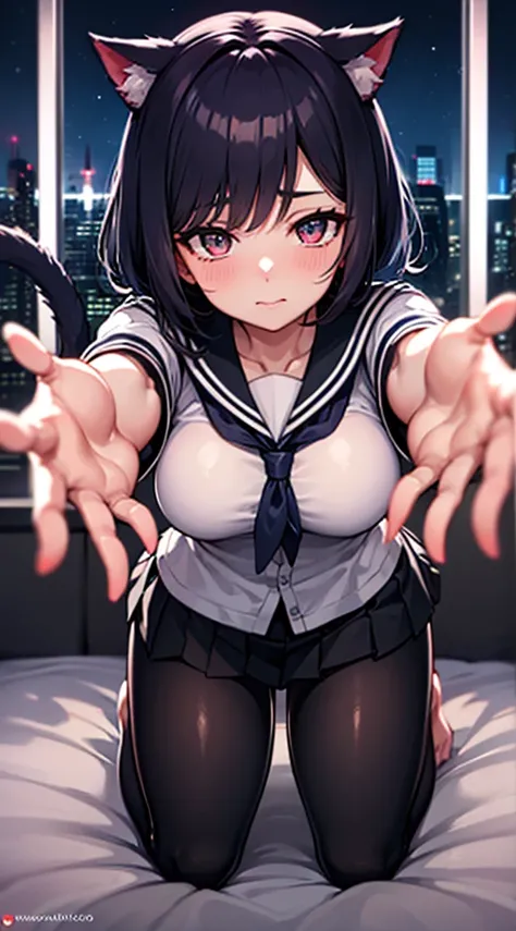 1 girl,kuchiki rukia,confident,soft smile,kneeling in bed,black sailor uniform,tight,black shiny leggings,outstretched arms,tail,cat ears,front facing,short pleated skirt

BREAK

((masterpiece)), (top quality), (best quality), (((ultra-detailed, 8k quality...