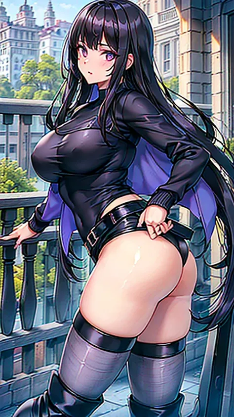 1990s, (masterpiece), high-definition, detailed face, cute girl, perfect body, (big tits: 1.4) big hips, round ass, (black hair with dark purple highlights: 1.4), (tight grey t-shirt: 1.4), (black jacket: 1.4), (purple tight skirt: 1.3), belt, (black thong...