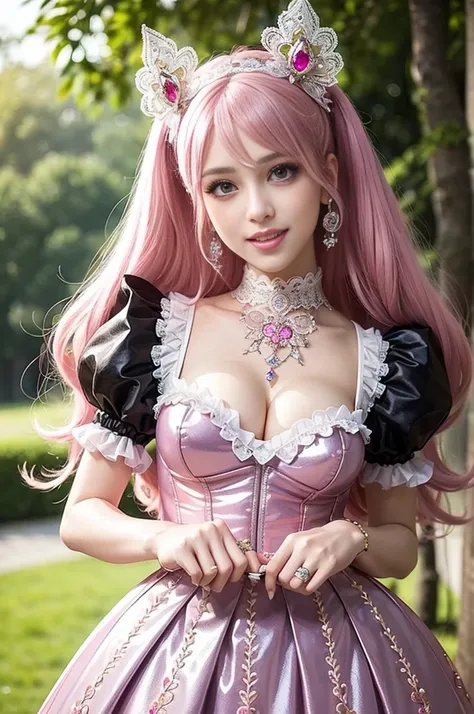 sexy stylish Swedish model, only 1 female, ((doll-like appearance)), long neon pink stylish hair, ((shiny Victorian-Style boots)), (big smile), ultra detailed eyes, very detailed eye makeup, lipgloss, long lashes, defined eyebrows, ((sexy Paradise Kiss cos...