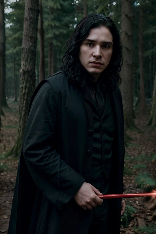 Jon snow dressed as Severus Snape pointing at the sky with his magic wand and red light comes out of it and he is surrounded by a student with a Hogwarts-style uniform but how emerald green in the middle of a forest 