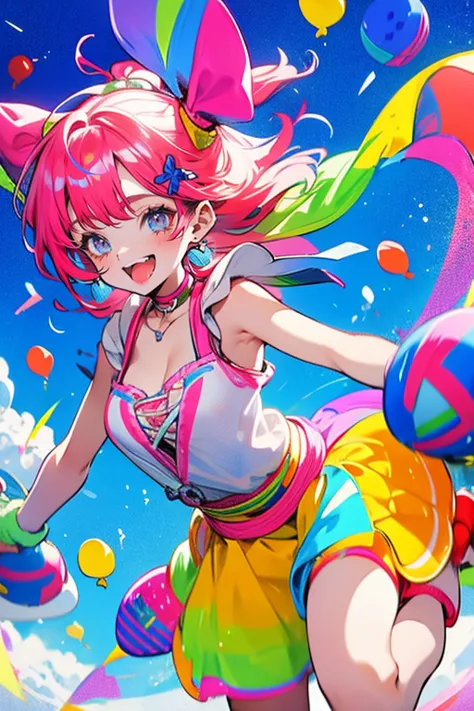 1girl,solo,cute,colorful,she has a balloons,around balloons,cleavage,falling from sky,brilliant,vivid