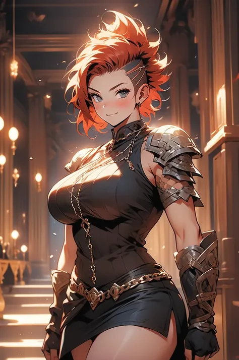 norse princess, short red hair, mohawk, grand hall, big breasts, tomboy, chainmail, smirk, blush, brave pose, miniskirt, voluptuous