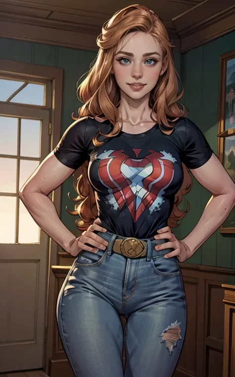  junto com o demolidor personagem das HQs da Marvel  de 35 anos, Jennifer Connelly very long to the waist and half curly with bangs, seios pequenos, olhos grandes com um brilho apaixonado, olhos verdes mel, Um lindo sorriso, vestindo uma camiseta preta lon...