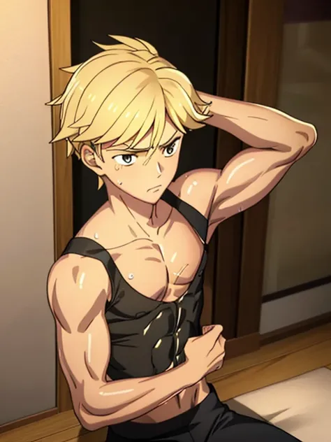 Highres, Masterpiece, Best quality at best, Best Quality, high quality, high detailed, boy, 1boy, blonde, chiseled abs, chiseled pecs, sweating, wet, glistening skin, shiny skin, oiled up, black tank top, (masterpiece, 3D anime style, more detail, ultra de...