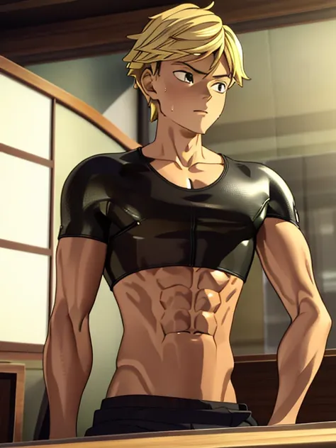 Highres, Masterpiece, Best quality at best, Best Quality, high quality, high detailed, boy, 1boy, blonde, chiseled abs, chiseled pecs, sweating, wet, glistening skin, shiny skin, oiled up, black tank top, (masterpiece, 3D anime style, more detail, ultra de...