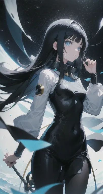 2D anime, space, floating, one girl, long black hair, blue eyes, resin