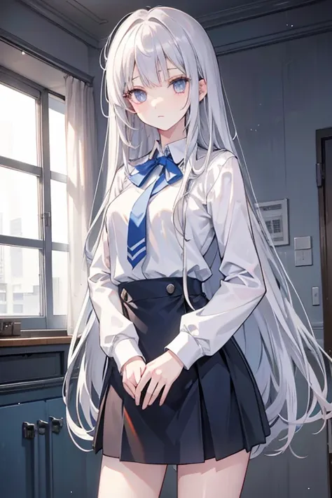 Silver Hair　straight　masterpiece　High school girls　uniform　Half an eye　Fair skin　Slender　Fleeting　Emotionless　Expressionless