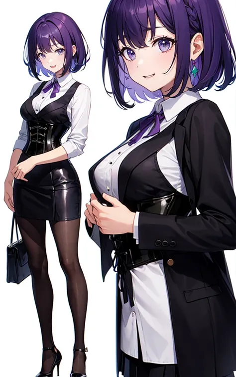 Purple Hair,short hair,Adult female,(suit),White Y-shirt,((Rolling up his sleeves)),(corset),(Black tight skirt),(High heels),Heels are visible,((Simple white background)),smile,((whole body)),((full body)),Character Sheet,