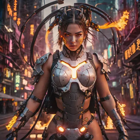 a cyberpunk girl with a flaming suit, cyberpunk armor, glowing eyes, detailed face, intricate mechanical details, neon city background, dynamic pose, volumetric lighting, cinematic mood, vibrant colors, photorealistic, 8k, best quality