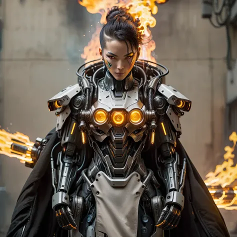 cyberpunk flame suit, flaming guns on hands, complex robot body