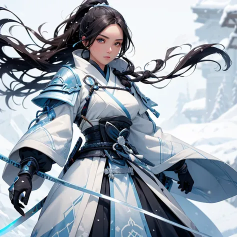 A female samurai dressed in an icy blue and white armor, her chest plate adorned with the emblem of a stylized snowflake. Her long hair, flowing past her shoulders, is tied back into a tight ponytail, held together by a chic silver hairpin. She stands in a...