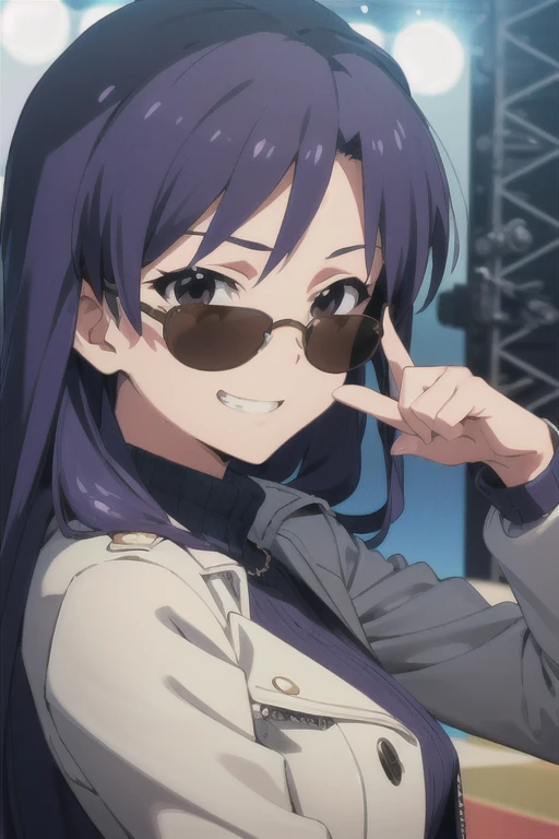 (((pixel-perfect, detail-perfect))), solo, 1girl, chihaya kisaragi, jacket purple, sunglasses, mad face, grin, hand rock, live stage