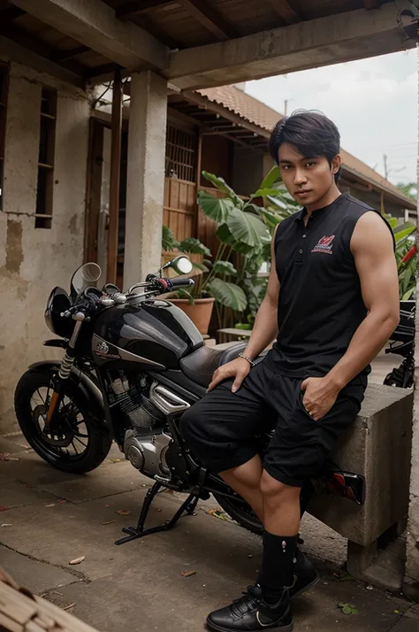 Seorang peria ganteng menaiki motor